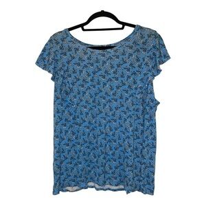 LOFT Flutter Sleeve Top in Blue with Floral Pattern